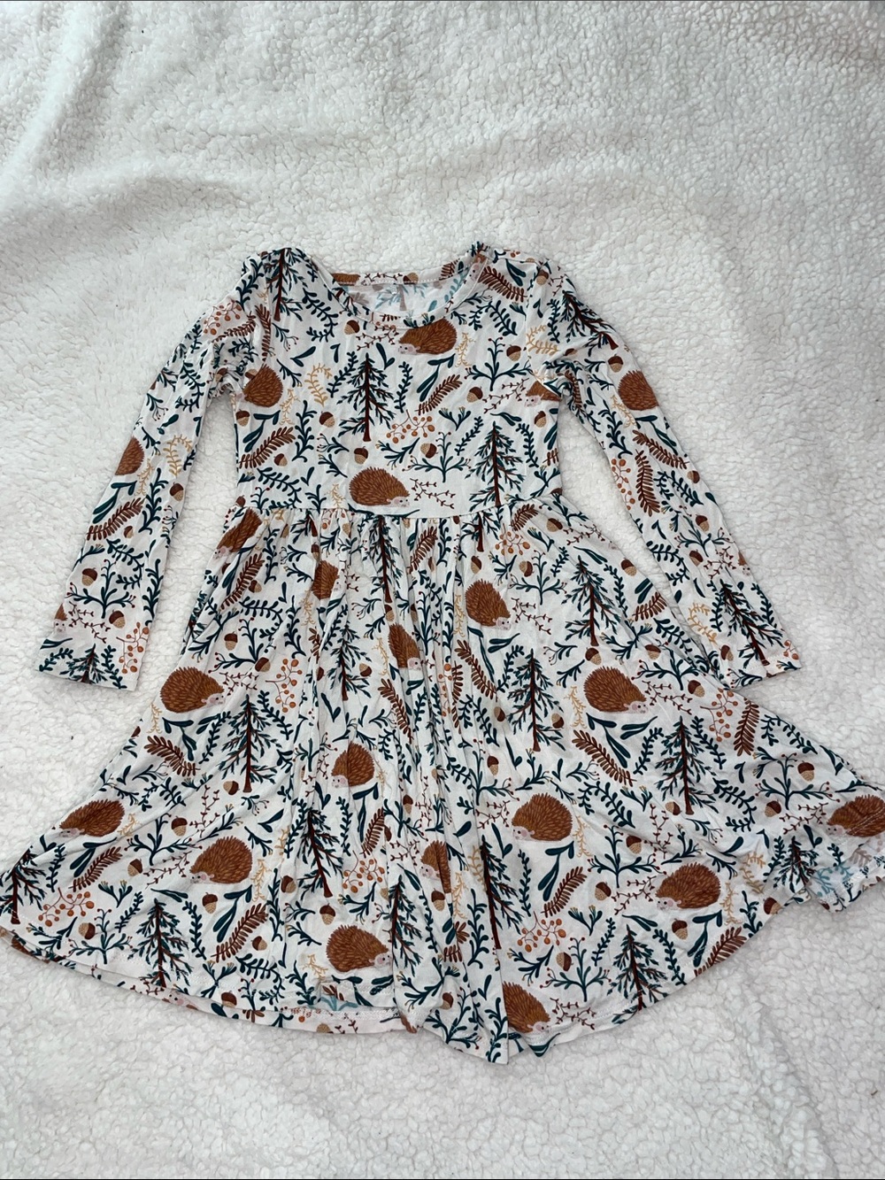 Posh Peanut White Long Sleeve Woodland Hedgehog Dress